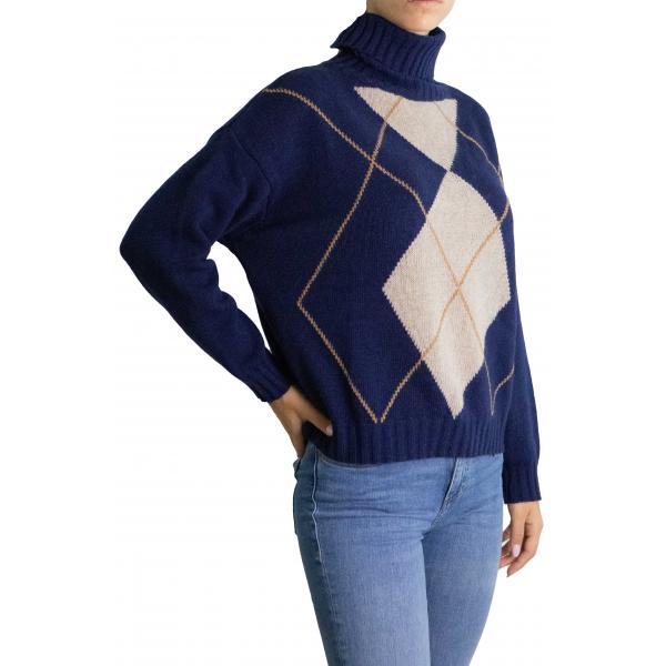 Maglione con rombi bicolore  collo alto misto cashmere